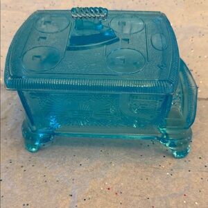 Vintage Antique Blue Daisy & Button Glass Stove w Flat Iron Butter Candy Dish